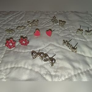 Set of 8 Pairs Silver Tone Stud Earrings-2 Pink Heart/Flower & Butterfly, Bow